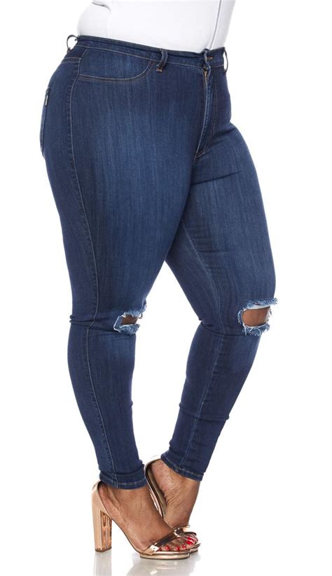 Plus Size Ripped Knee Super High Waisted Skinny Jeans Dark Blue