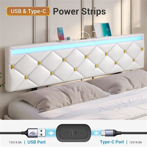 King Size LED Floating Bed Frame with USB Charging Station, Upholstered ...