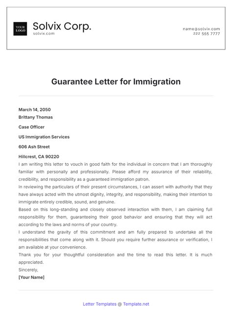 Free Guarantee Letter For Immigration Template To Edit Online