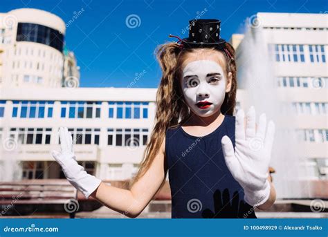 Little Mime Girl Shows Pantomime On The Street Stock Image Image Of