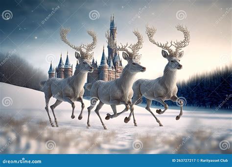 3 Reindeer Running through a Snow Covered Field Stock Illustration - Illustration of covered ...