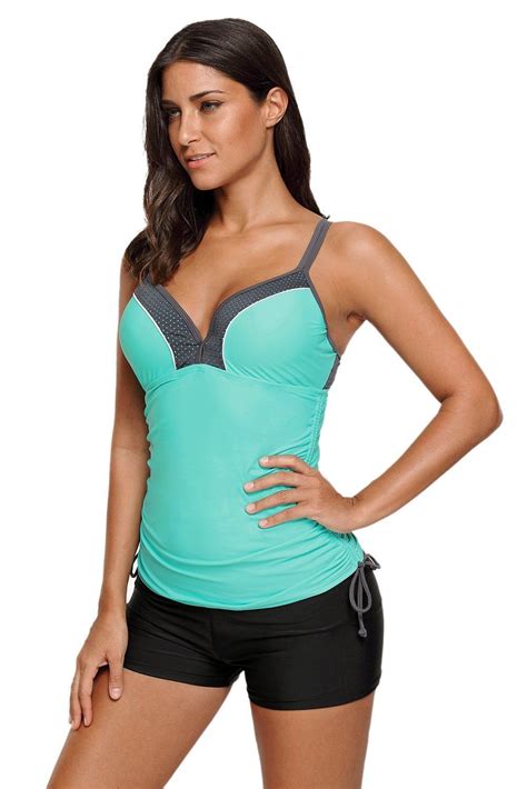 Green Ruched Ties Side Push Up Tankini Top In 2022 Tankini Top Tankini Tankini Swimsuits For