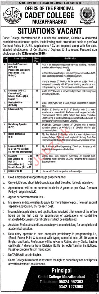 Cadet College Muzaffarabad AJK Jobs 2024 Job Advertisement Pakistan