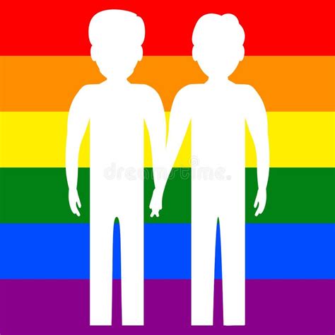 Two Gay Men Holding Hands Against The Background Of The Lgbt Flag