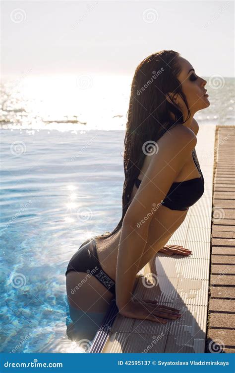 Woman With Long Hair In Bikini Relaxing In Swimming Pool Stock Image