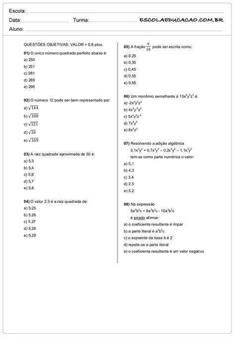 Atividade De Matematica 8 Ano