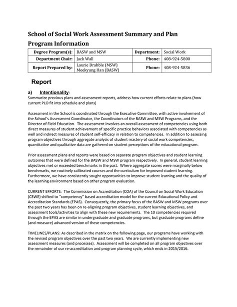 School Of Social Work Assessment Summary And Plan Program Information