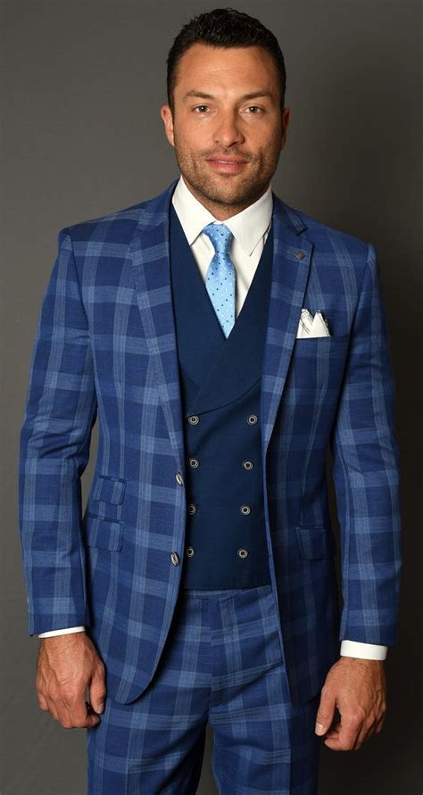 Statement Wool Suit Men S Sapphire Blue Plaid Fitted Piece Contrast