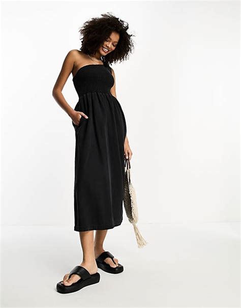 Asos Design Soft Denim Midi Dress With Asymmetric Neckline In Washed