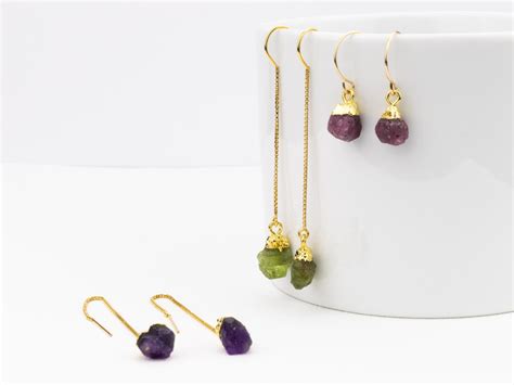 Raw Gemstone Drop Earrings Birthstone Earrings Rough Natural Gemstone