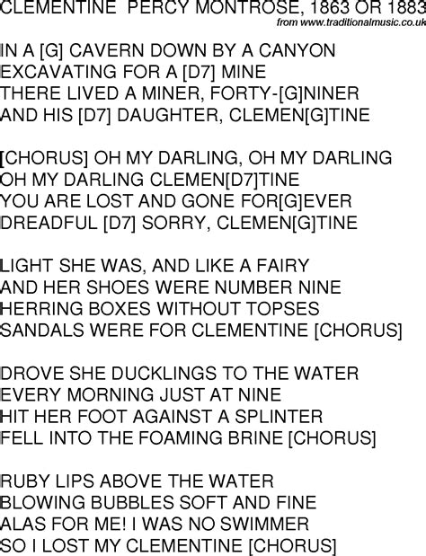 Old Time Song Lyrics With Guitar Chords For Clementine G