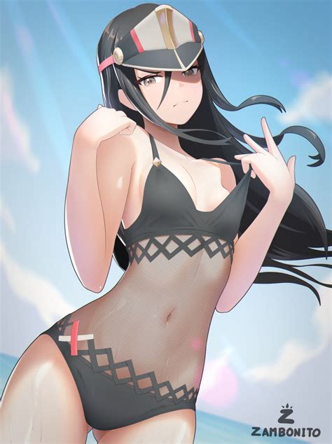 Hentai Nintendo Girl Alluring Bare Legs Bikini Black Hair Blue Sky