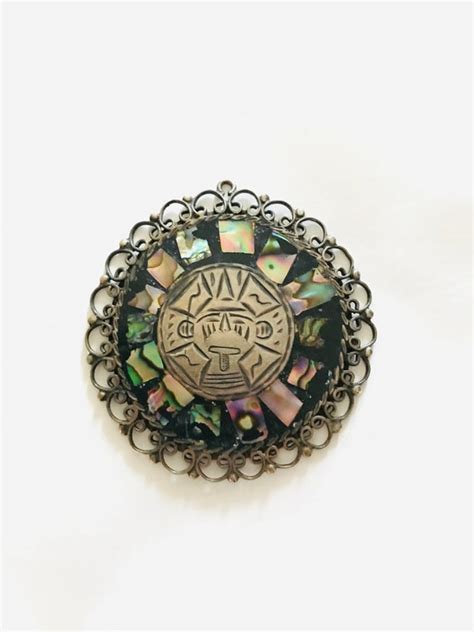 Vintage Large Aztec Warrior Mexico Sterling Silv Gem