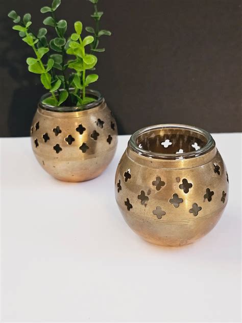 Pair Brass Votive Candle Holders Moroccan Style Vintage Brass Tealight