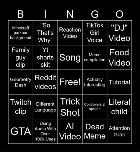 Yt Shorts Bingo Extended Bingo Card