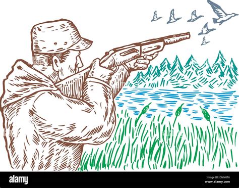 Illustration Of A Hunter Aiming Shotgun Rifle Gun At Game Bird Duck