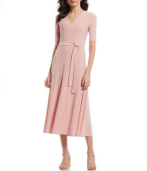 Preston And York Sydney V Neck Short Sleeve Tie Waist Midi Dress