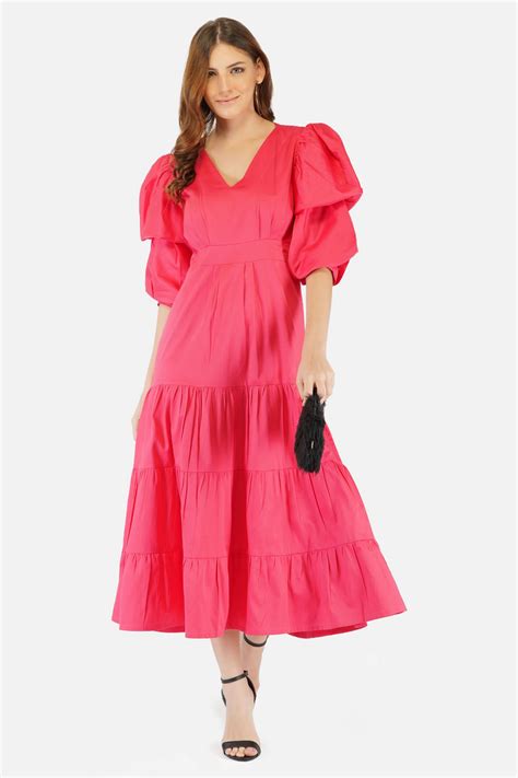 Breezy Tiered Cotton Midi Dress Pink Anysa