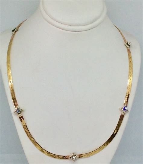 14k Gold Chain Herringbone 16 Gold Chain Crystal Gold Necklace Artisan ...