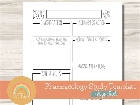 Pharmacology Template Drug Sheet Printable Nursing School Etsy Canada