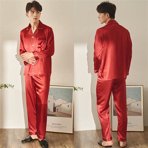 Puimentiua Mens Stain Silk Pajama Sets Pajamas Modern Style Silk Nightgown Home Male Satin Soft