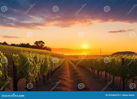 A Vineyard With Rows Of Grapevines In Silhouette Against A Picturesque