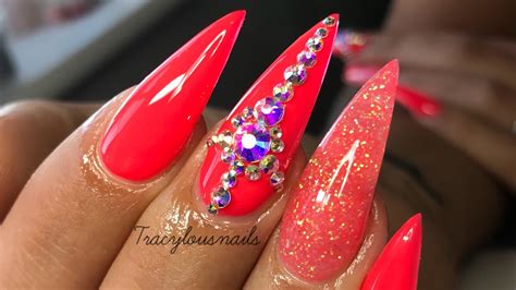 Acrylic Nails Coral Stiletto Shape Gel Polish Youtube