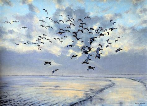 Ar Julian Novorol Born 1949 British Geese In Flight Over A Snowy