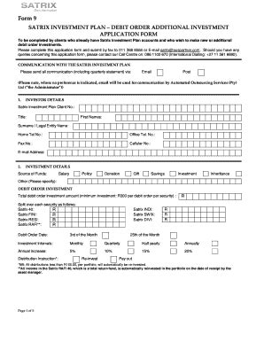 Fillable Online Form 9 SATRIX INVESTMENT PLAN DEBIT ORDER ADDITIONAL