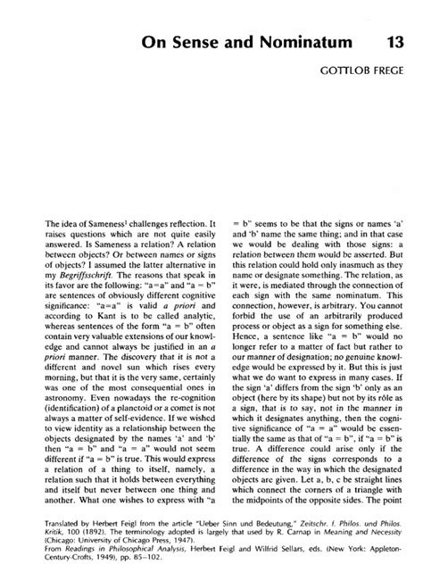 Frege, Gottlob - On Sense and Nominatum (Translated by Herbert Feigl) 1892 | PDF | Proposition ...