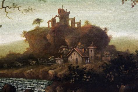 Paesaggio Fluviale Con Rovine E Figure Olio Su Tela Cm 60x120