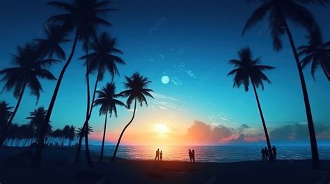 Enchanting Tropical Summer Night Palm Trees Star And Moon Silhouettes