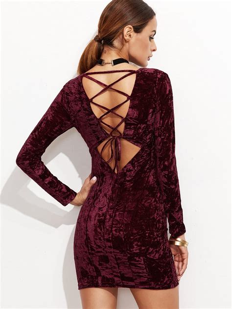 Scoop Neckline Lace Up Back Crushed Velvet Dress Shein Sheinside