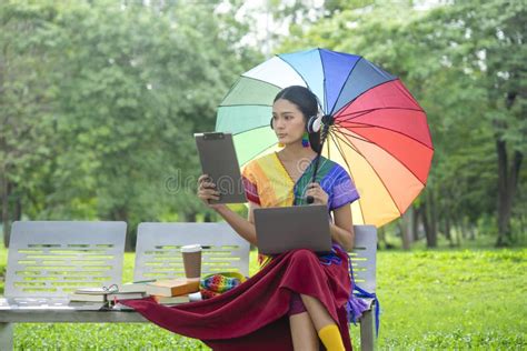 Pretty Asian Woman Transgender Wears Rainbow Blouse Raise Rainbow