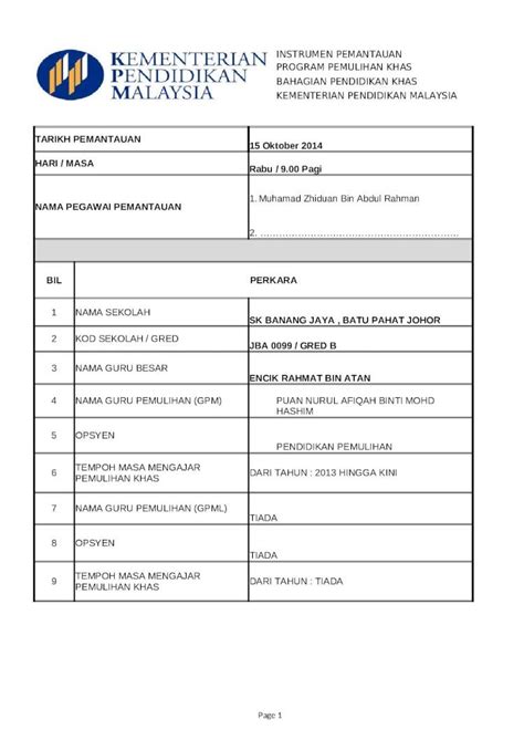 Xlsx Borang Pemantauan Pemulihan Khas Pdfslidenet