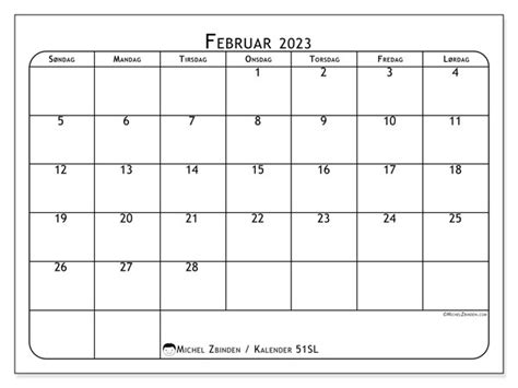 Kalender For Februar 2023 For Utskrift 51SL Michel Zbinden NO