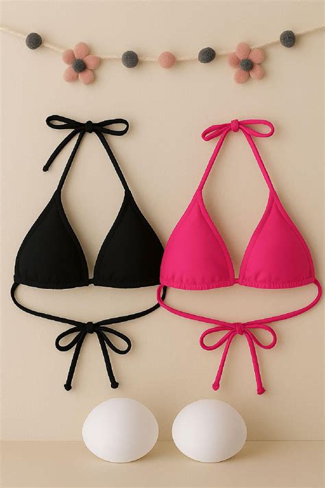 Kadın Siyah ve Fuşya Minimal Kesim Üçgen Bikini Üstü İmoda