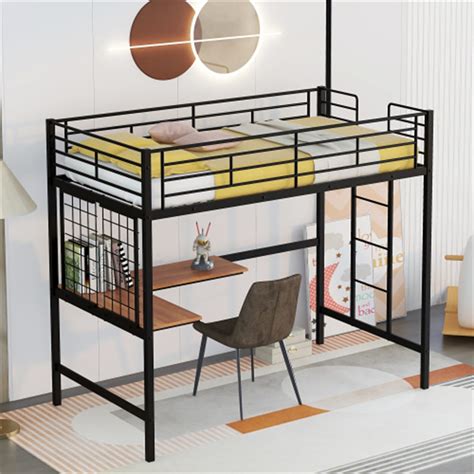 Twin Size Loft Bed, Metal Loft Bed Frame with Desk and Metal Grid, Loft Bed with Built-in Ladder ...