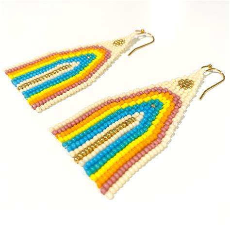 Rainbow Gold Seed Bead Fringe Earrings Handmade Seed Bead Etsy