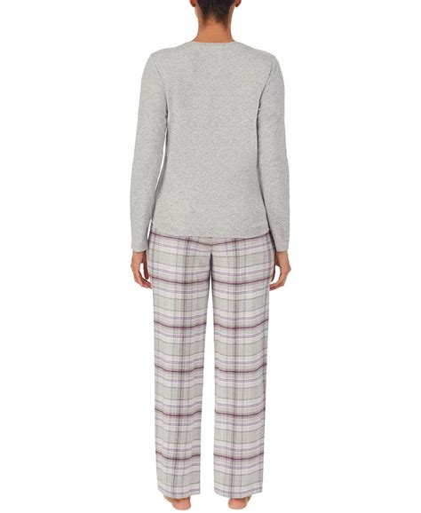 Lauren Ralph Lauren Ribbed Knit Top With Woven Plaid Brushed Twill Pant Pajama Set Macys