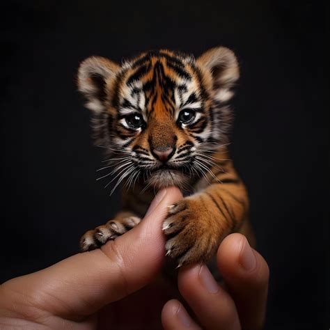 Cuteness Tiny Tiger Cub Sits On Human Finger Premium Ai Generated Image