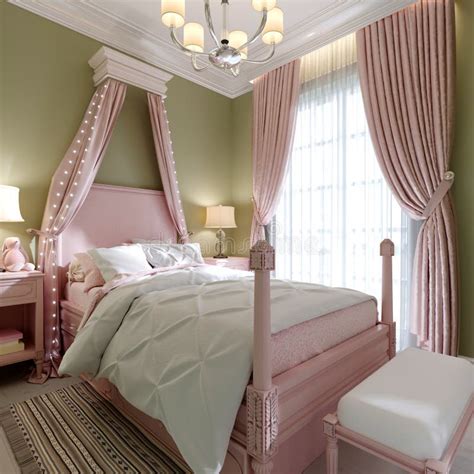 Childrens Bedroom With A Large Pink Bed And A Canopy Over Pistachio