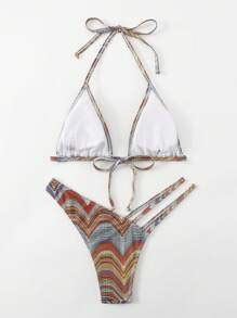 Swim Vcay Summer Beach Striped Cut Out Halter Triangle Thong Bikini