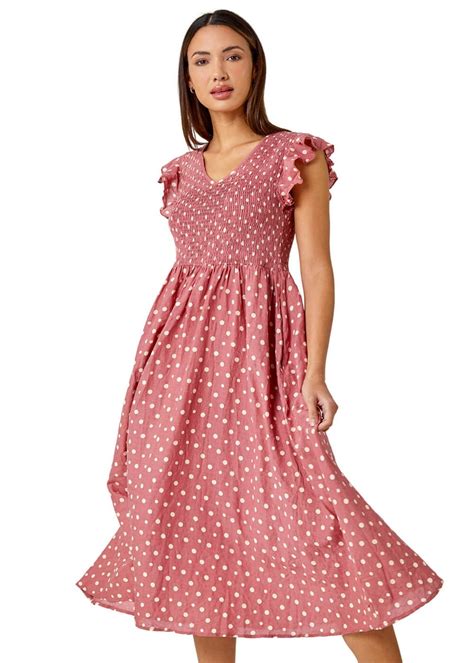 Roman Pink Frill Sleeve Spot Shirred Midi Dress Matalan