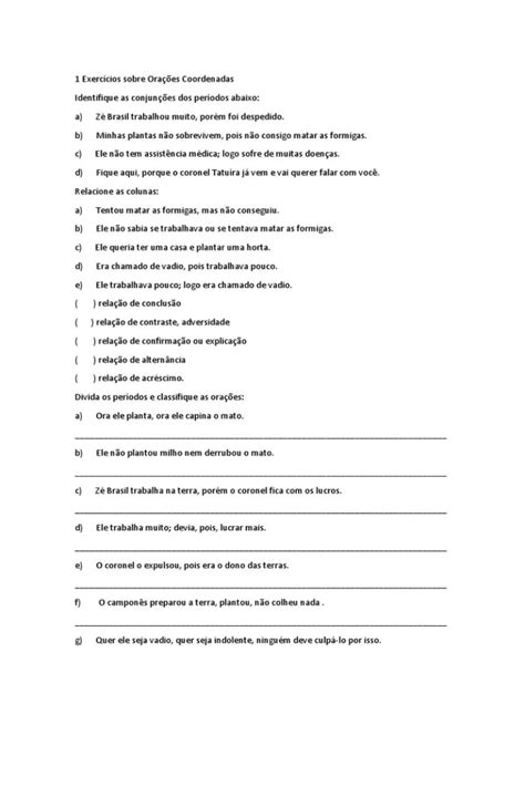 Orações Coordenadas E Subordinadas Exercícios Com Gabarito Pdf