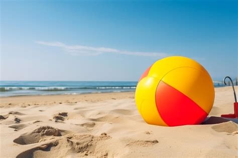 Bola De Praia Na Areia O Mar Ao Fundo Foto Premium