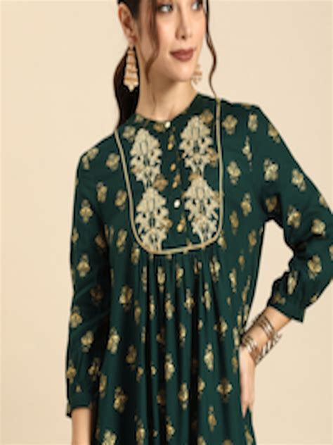 Buy All About You Women Green And Gold Toned Ethnic Motifs Printed A Line