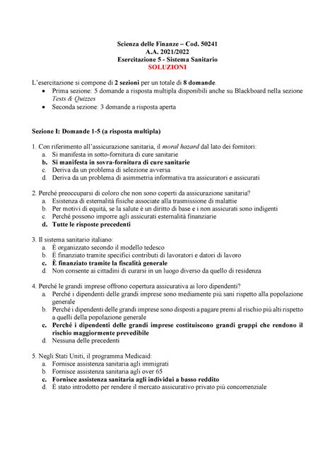 Esercitazione Sistema Sanitario Testo Soluzioni Scienza Delle