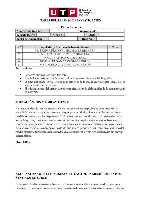 Formato De Entrega De Tarea De Fichas Textuales TAREA DEL TRABAJO DE