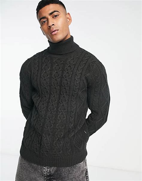 Only And Sons Chunky Cable Knit Roll Neck Jumper In Grey Asos